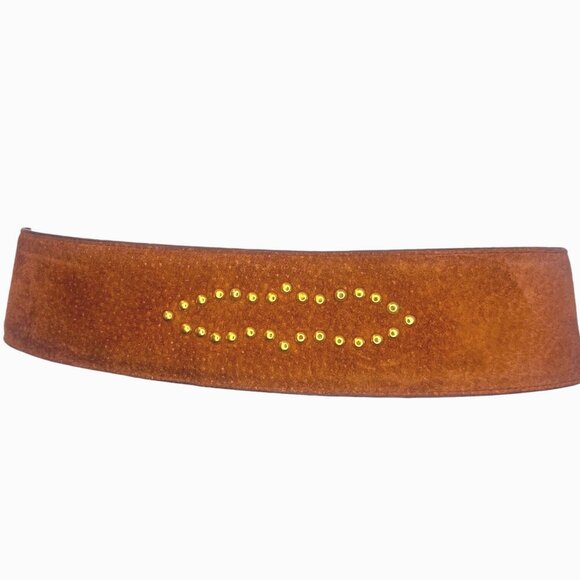VINTAGE Y2K Studded Gold Heart Suede Hip Belt L Low Slung 90s Anne Klein Boho - Picture 4 of 11